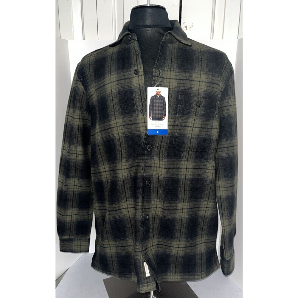 NWT Weatherproof Men Flannel Shirt Jacket Shacket Fleece Lined LARGE Check GREEN